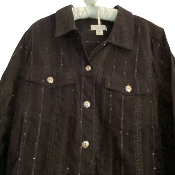 Christopher & Banks Embroidered + Sequined Pinwale Black Corduroy Blouse Jacket - Picture 3 of 7